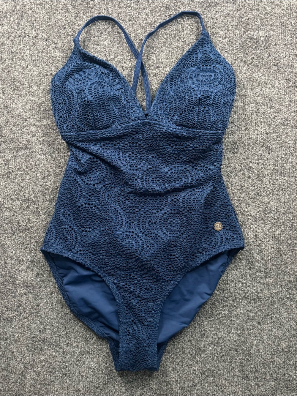 Southern Tide Navy Crochet One-Piece Swimsuit
